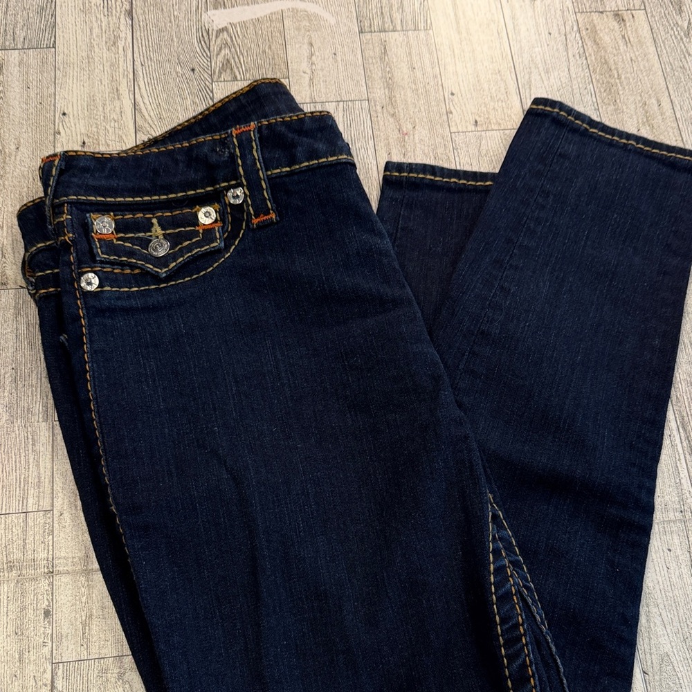 True Religion Dark Blue Boot Cut Jeans with Signature Back Pockets - Picture 2 of 5